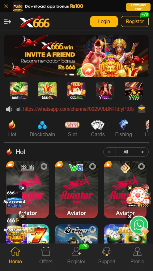 Mobile screenshot of 666.win online gaming app showing Aviator slot games, login and register options, and invite-a-friend bonus offer.