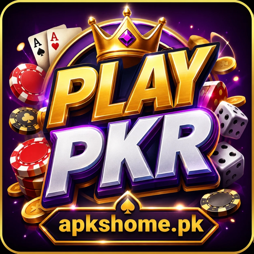PLAY PKR Game official app logo with a golden crown, casino chips, dice, playing cards, and apkhome.pk branding for real money earning in Pakistan.
