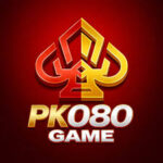 Alt Text: A logo for "PK080 GAME" on a dark red gradient background. A 3D, angular, shield-like icon shaped like a suit of spades, split vertically into red and gold halves, is positioned above the text. Below it, the text "PK080" is in a shiny, metallic gold and silver block font. Underneath "PK080," the word GAME is in a similar, smaller block font.