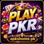 PLAY PKR Game official app logo with a golden crown, casino chips, dice, playing cards, and apkhome.pk branding for real money earning in Pakistan.