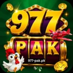 "977PAK game official logo banner featuring a large golden 977 text overlaying a casino slot machine with a cartoon chicken, a red airplane, and golden star coins, including the website watermark 977-pak.pk."
