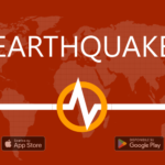 Earthquake monitoring app banner with global map background, seismic activity pulse line, and Android Google Play and Apple App Store download icons.