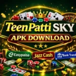 Official app interface banner for TeenPatti SKY Download APK, showcasing the mobile game dashboard with real-time multiplayer card tables, user login panel, secure wallet deposit interface, and instant mobile withdrawal options to EasyPaisa and JazzCash.